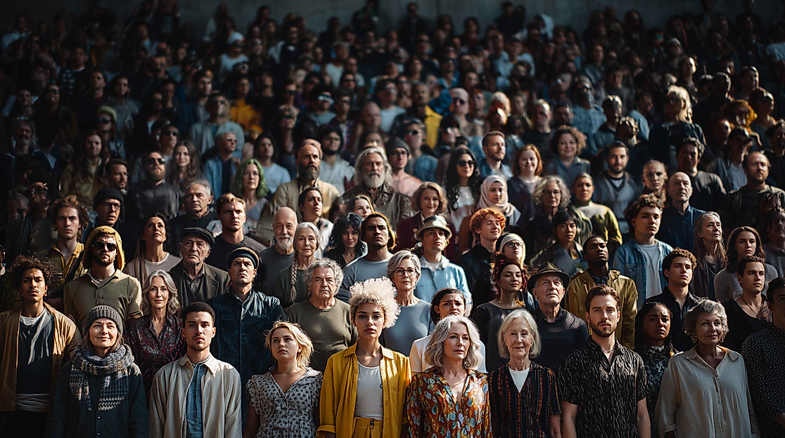 Eine Menschenmenge die in die Kamera schaut