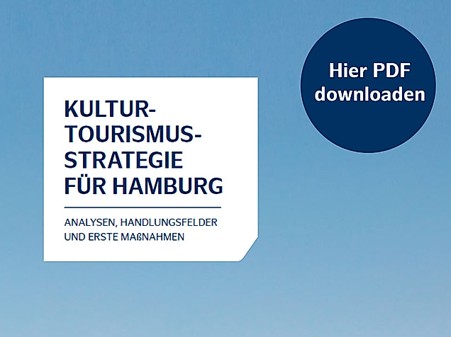 Cover der Kultur-Tourismus-Strategie für Hamburg vor blauem Hintergrund mit Button „Hier PDF downloaden“