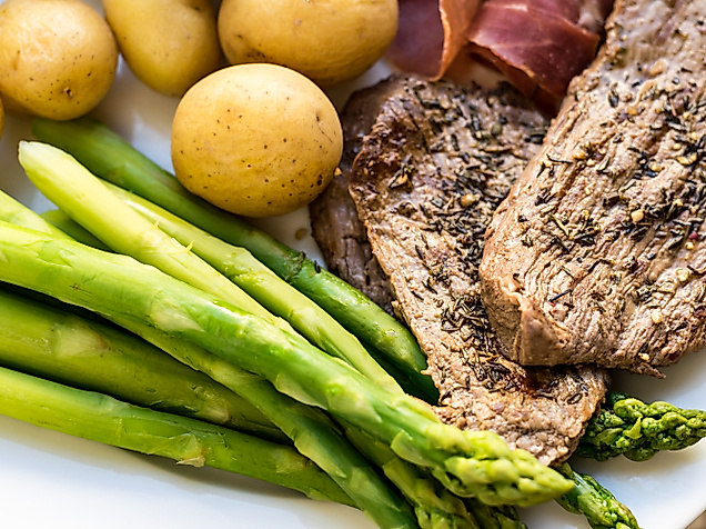 Teller mit grünem Spargel, Salzkartoffeln, Kräutersteak und Schinken – typisch deutsche Küche