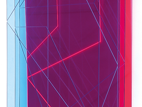 lines B13, 2024, fluoreszierendes Acrylglas, gefräst, 73 x 72 x 13 cm