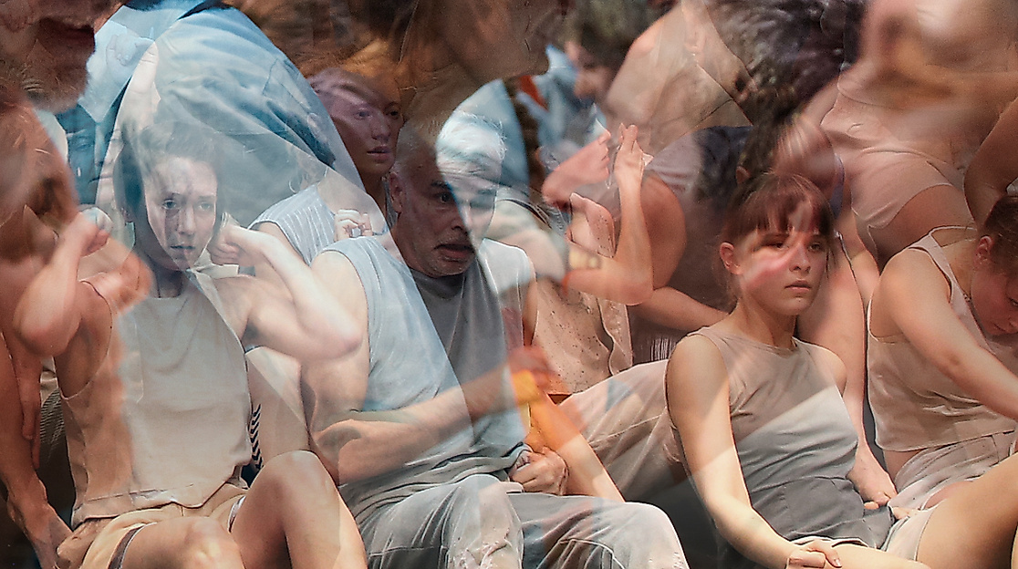 Three photos of different groups of people are transparently superimposed. Some are smiling at each other, some are sitting, some are close-ups of faces.