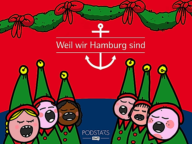 Weihnachtliche Illustration zum Podcast „Weil wir Hamburg sind“ mit singenden Wichteln und Tannenschmuck