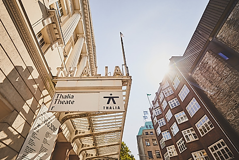 Blick nach oben auf das Thalia Theater Hamburg mit Vordach und Sonne zwischen historischen Fassaden